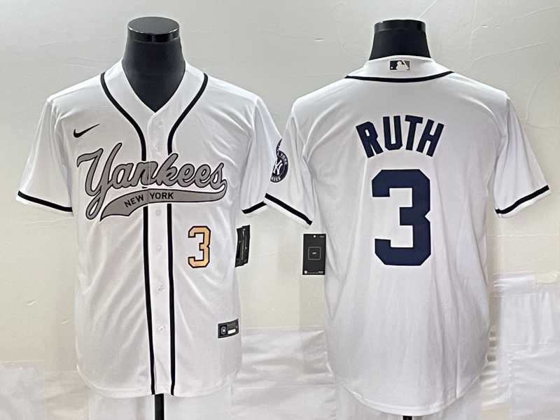 Men%27s New York Yankees #3 Babe Ruth Number White With Patch Cool Base Stitched Baseball Jersey->new york yankees->MLB Jersey